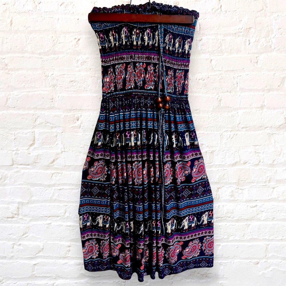Strapless Bohemian Festival Summer Dress - elephant, mandala & paisley pattern